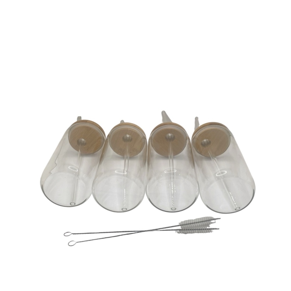 4-Pack Glass of 16oz Cups with Bamboo Lids & Straws + 2 Cleaning Brushes - Picture 2 of 8